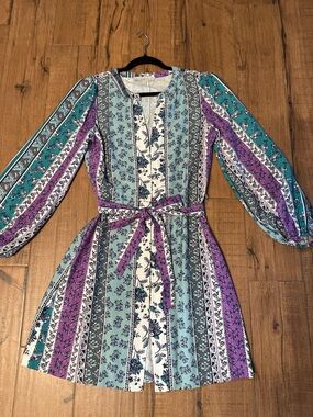 LOFT Cream Floral Button-Front Dress with Teal & Purple Accents Sz 2